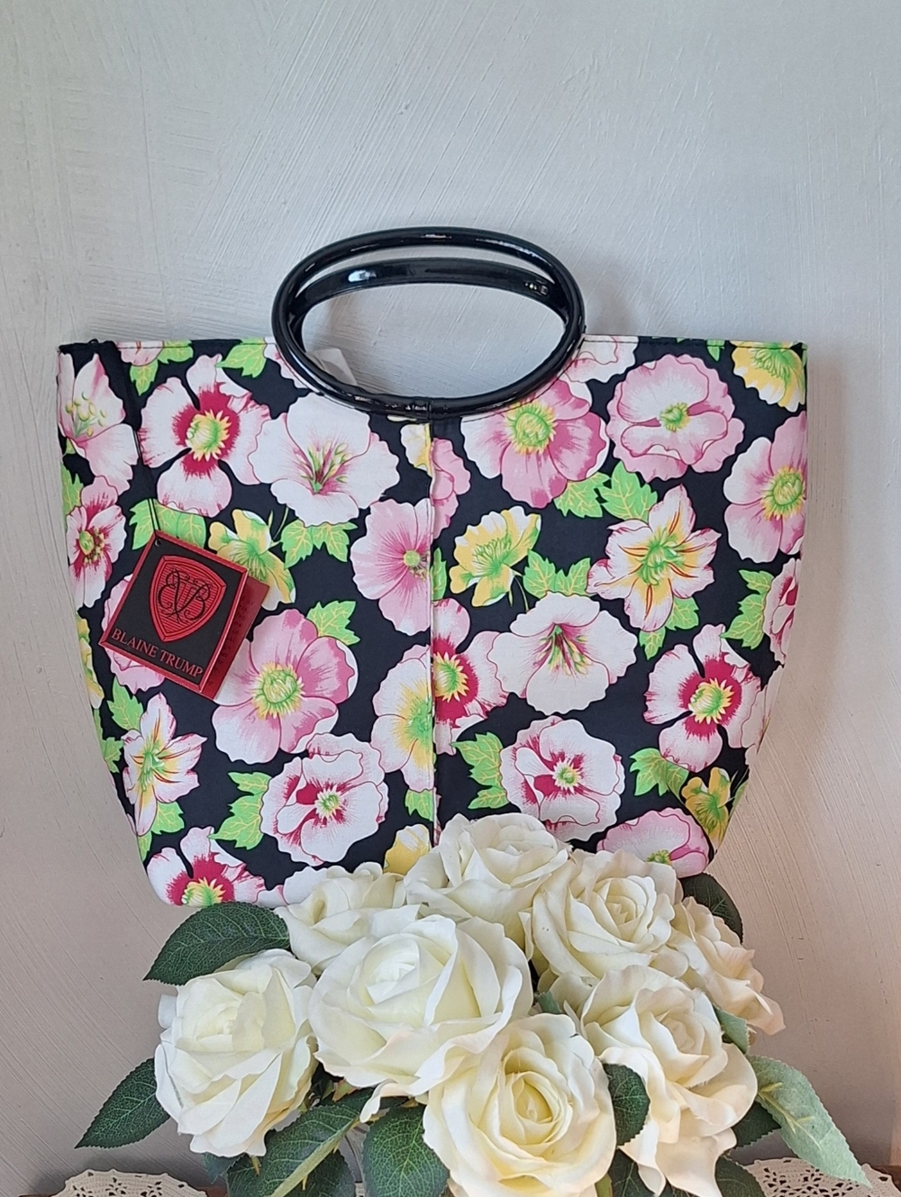 Blaine Trump Cloth and Plastic Floral Tote With Shoulder Strap, NWT